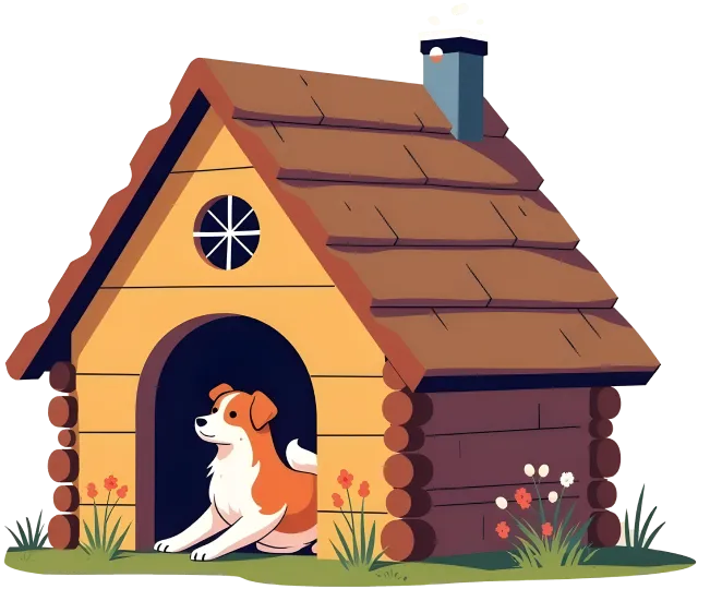 Dog in log cabin house